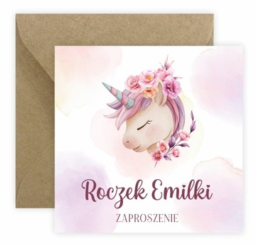 ZAPROSZENIA NA ROCZEK + IMIĘ + KOPERTA jednorożec