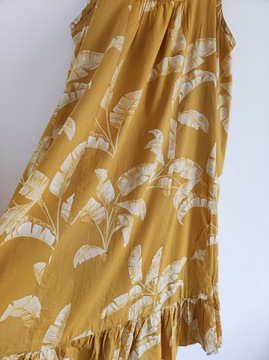 44/46 H&M sukienka bursztynowa letnia liście palmy na ramiączkach falbana