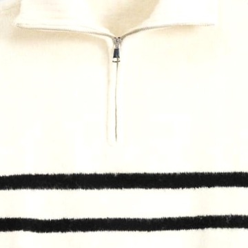 BERSHKA Piękny Sweter Oversize ECRU w Kontrastowe Paski z WEŁNĄ Suwak XS
