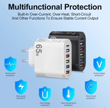 ЧЕРНЫЙ USB PD Зарядное устройство 65 Вт 5x USB A + 1x USB C Pd = 6 портов