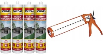 4x SOUDAL USZCZELNIACZ SILIKON UNIWERSALNY Szary + Wyciskacz