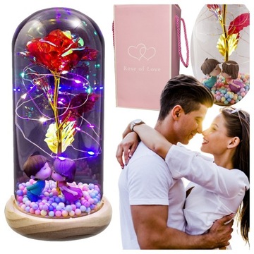 PIĘKNA SZTUCZNA WIECZNA RÓŻA W SZKLE Z OŚWIETLENIEM LED CZERWONA +BATERIE