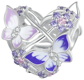 Charms Zawieszka Charms Srebro 925 Charms Serce Fioletowe Motyle Trusky