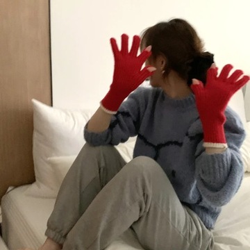 Pure Color Knitted Woolen Gloves Female Winter Screen Student Riding Split