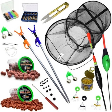 НАБОР ДЛЯ РЫБАЛКИ: 2 удочки, 2 сумки для катушек, сетка для крепления пеллет, принадлежности для ловли пеллет.
