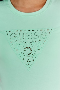 GUESS - Zielony T-shirt damski z ażurowym logo M