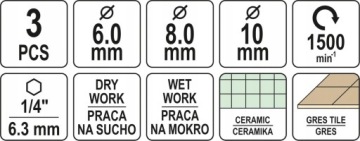 DIAMENTOWE WIERTŁA DO GRESU CERAMIKI ZESTAW 3 SZT