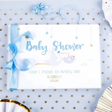KSIĘGA NA BABY SHOWER BOCIAN NIEBIESKI Z IMIENIEM