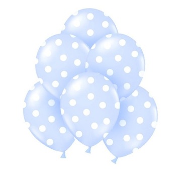 BALONY BŁĘKITNE W BIAŁE KROPKI ROCZEK CHRZEST 6szt