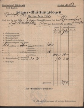14031.Miechowitz 1912. Steuer-Quittungsbogen