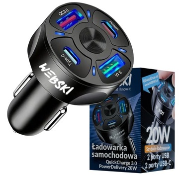 Szybka Ładowarka Samochodowa QC 3.0 6A 30W 2xUSB-C 2xUSB do Telefonu