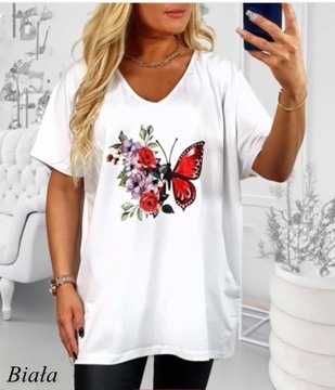 T-SHIRT KOSZULKA BAWEŁNA MOTYL KWIATY PLUS SIZE V dekolt 2XL-5XL T37