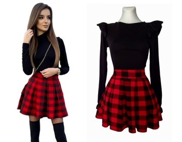 SPÓDNICA MINI w KRATKĘ Czerwoną ROZKLOSZOWANA w ZAKŁADKI PREZENT ŚWIĘTA S