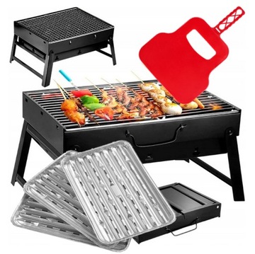Grill PODRÓŻNY MAŁY SKŁADANY walizka z rusztem przenośny + tacki wachlarz