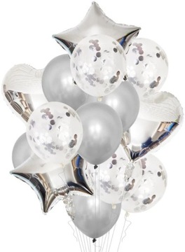 BALONY SREBRNE WIECZÓR PANIEŃSKI URODZINY GWIAZDA SERCE 14 SZT