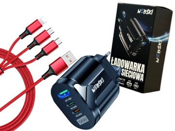 Bardzo Mocna Szybka Ładowarka 58W 2xUSB-C QC +Kabel 3w1 do Wielu Telefonów