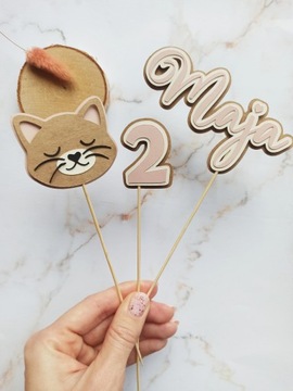 Топпер для торта - кот, котенок, имя и номер - пудрово-розовый.