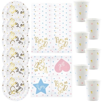 Zestaw GENDER REVEAL BOY OR GIRL Talerzyki kubeczki serwetki Baby shower