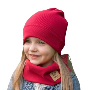 Czapka i komin na wiosnę jesień jednowarstwowa prążek unisex czerwona 40-46