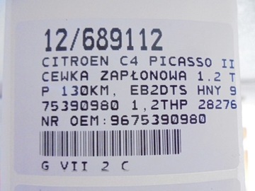 CITROEN C4 PICASSO II CÍVKA ZAPALOVACÍ 9675390980 1,2THP 28276583