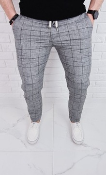Szare spodnie lniane w krate meskie slim fit - 31