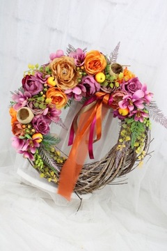Wianek jesienny kwiatowy dekoracja domu stroik wieniec na drzwi