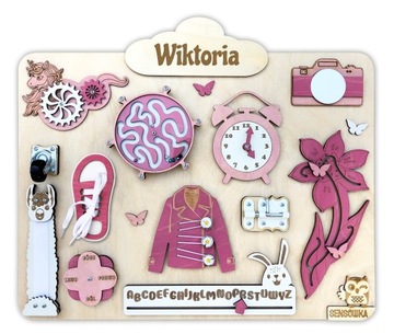 Tablica Manipulacyjna Sensoryczna Montessori różowa + GRATIS Imię