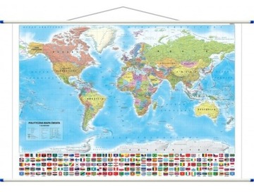 ŚWIAT MAPA ŚCIENNA POLITYCZNA Z FLAGAMI 1:30 000 000 RURKI PCV