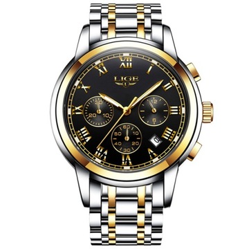 Zegarek męski LIGE bransoleta srebrny złoty chronograf datownik