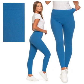 LEGGINSY PRĄŻKOWANE DAMSKIE Z WYSOKIM STANEM MODNE NIEBIESKIE MORAJ L/XL
