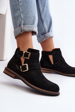 BOTKI DAMSKIE NA PŁASKIM OBCASIE Z PASKAMI I WYCIĘCIAMI CZARNE 38