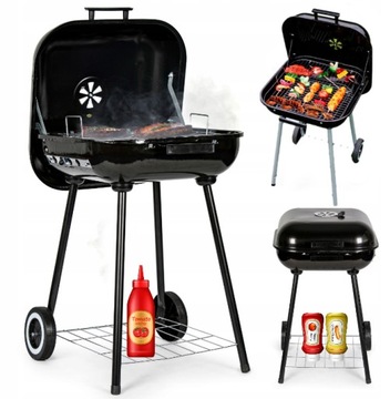 Grill Węglowy Na Brykiet Ogrodowy z Pokrywą Przenośny Na Kółkach