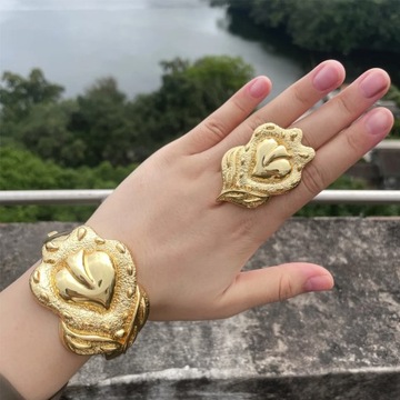 Luxury Dubai Gold Plated Bracelet Ring Copper Cuff Flower Bangle Italy Fran
