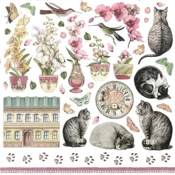 ZESTAW NAKLEJEK SCRAPBOOKING KOT KWIATKI DODATKI
