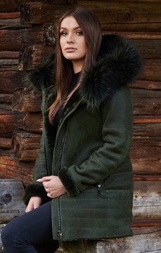 Damski KOŻUCH z kapturem OBSZYCIE - OLIWKA