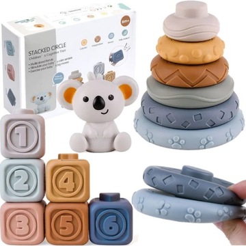 Gumowe miękkie klocki wieża piramida sensoryczna koala kształty cyfry liter