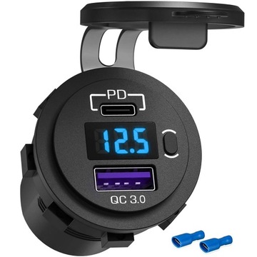 Ładowarka samochodowa USB QC 3.0 USB-C C PD gniazdo zapalniczki Woltomierz