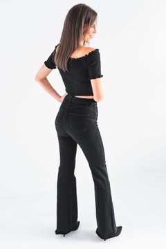 Czarne damskie spodnie dzwony jeans PUSH UP wysoki stan szeroka nogawka XS