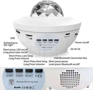 LAMPKA PROJEKTOR GWIAZD LED BLUETOOTH USB BIAŁY
