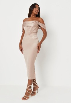 Z0D102 MISSGUIDED SATYNOWA BEŻOWA SUKIENKA NA RAMIĄCZKACH GORSET 34