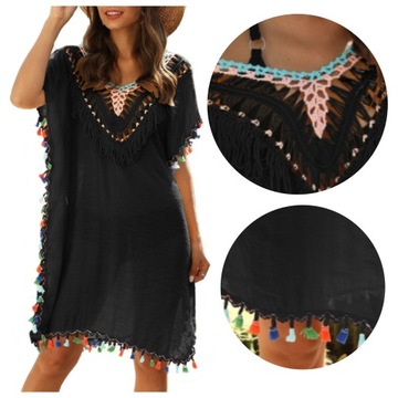 PAREO sukienka plażowa boho HAFT dekolt czarna