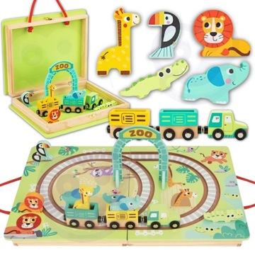 DREWNIANY POCIĄG KOLEJKA ZOO CIUCHCIA NA MAGNES TOR W WALIZCE TOOKY TOY