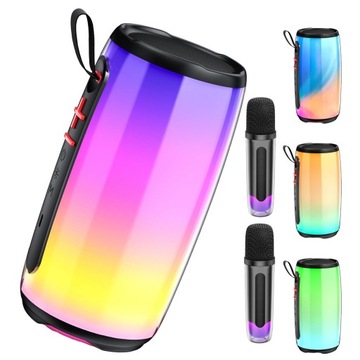 Mini sprzęt do karaoke z 2 mikrofonami, kolorowymi światłami, głośnikiem TWS, czarny