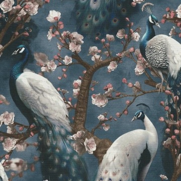 Tapeta na ścianę orientalny wzór pawie oczka ptaki drzewo wiśni kwiaty