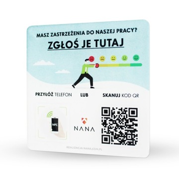 Tabliczka płytka z kodem NFC i QR Zgłoś zastrzeżenia kolorowy nadruk