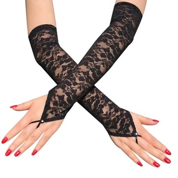 Rękawiczki długie czarne bez palców koronkowe gorsetowe elastyczne retro