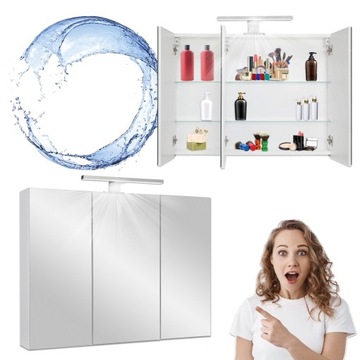 Biała Szafka Łazienkowa Wisząca z Lustrem 85 cm Lakier + Kinkiet 30 cm LED