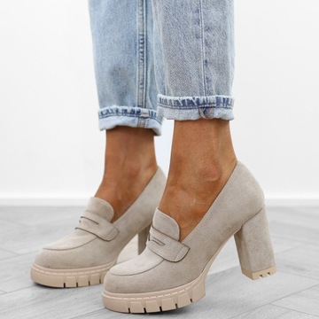 Туфли женские замшевые бежевого цвета на высоком каблуке, удобные, устойчивые С960, размер 37.