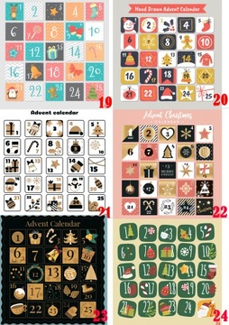 Kalendarz Adwentowy torebki naklejki 25 szt wzory
