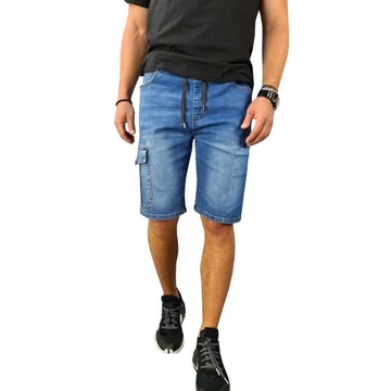 modne SPODENKI męskie JEANSOWE BOJÓWKI krótkie spodnie PAS z GUMKĄ 047 - S